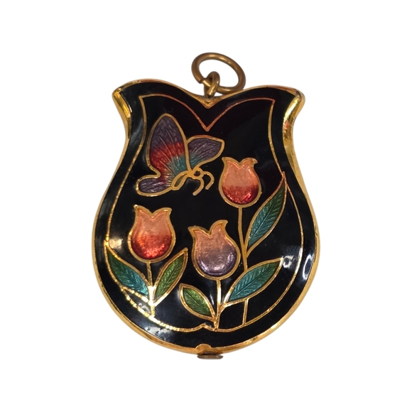 Vintage Cloisonné Tulip Pendant Butterfly Floral Black Enamel Gold Tone 1"x.75" - Picture 6 of 7
